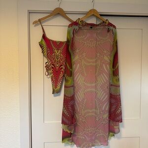 Vibrant Pink and Green Women's Bodysuit And Skirt